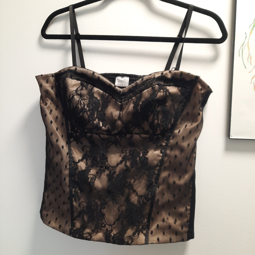 Cream and Black mesh bustier camisole